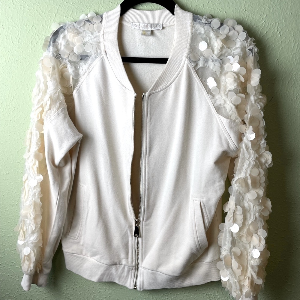 Boston Proper Cream Knit Holographic Sleeve Knit Jacket Small